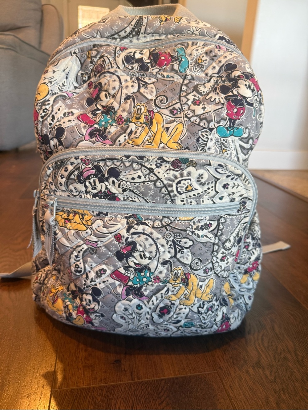 Vera Bradley Quilted Gray Disney Character Backpack with Yellow and Teal Accents